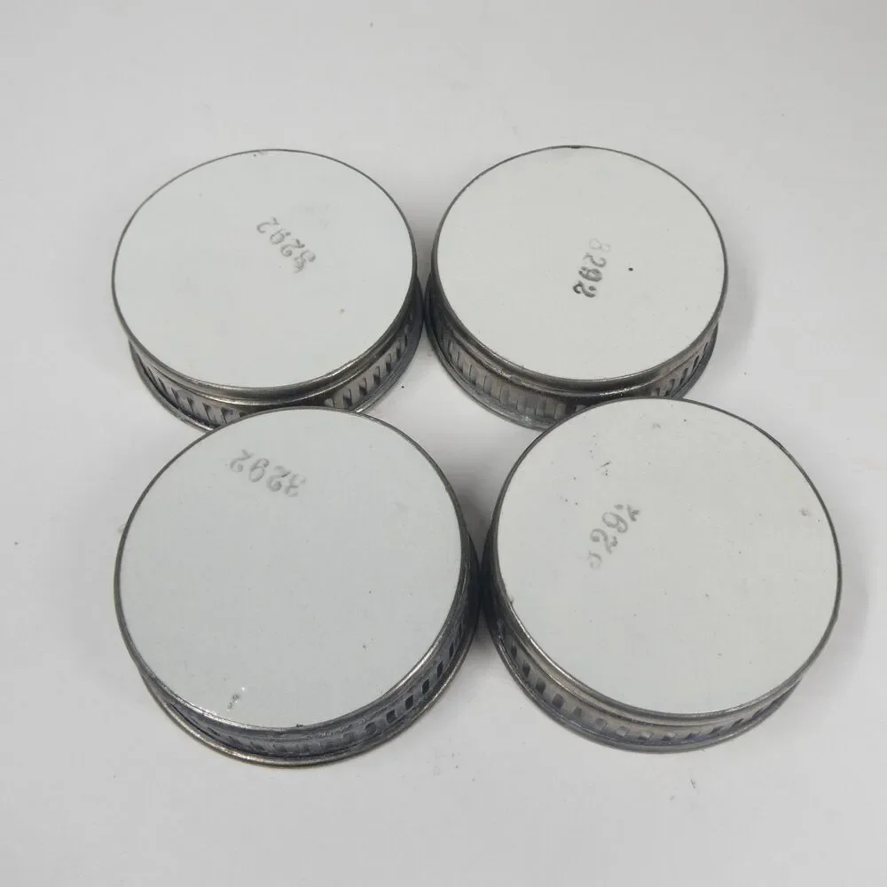 4 Coasters Set Vintage Ceramic Geometric With Pierced Metal Rim